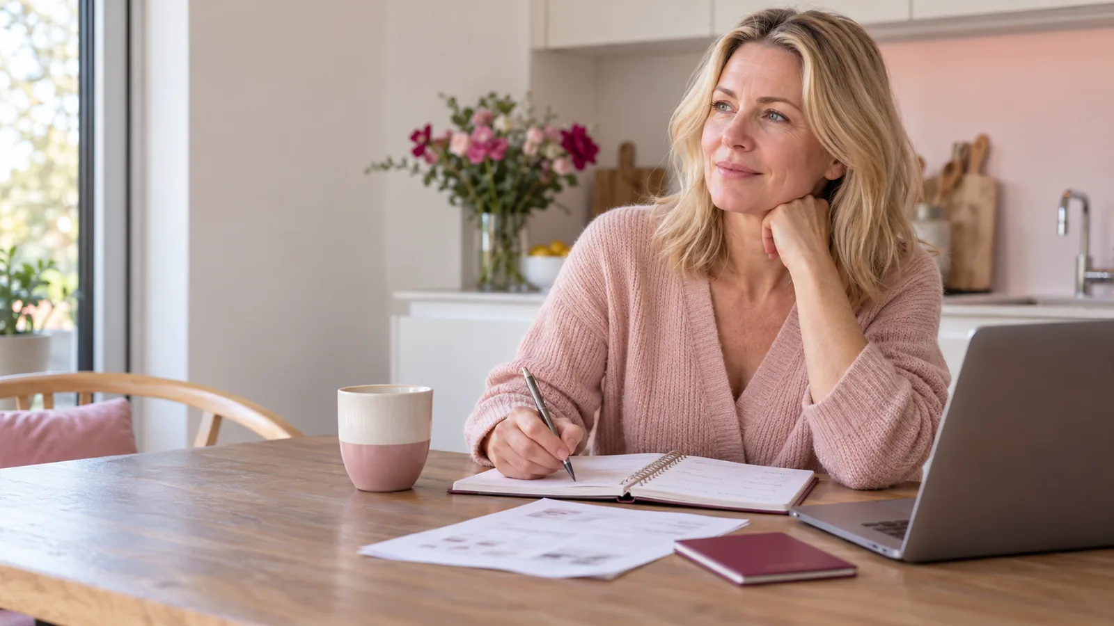 Woman at her kitchen table planning a consultation abroad with a notebook, laptop and passport