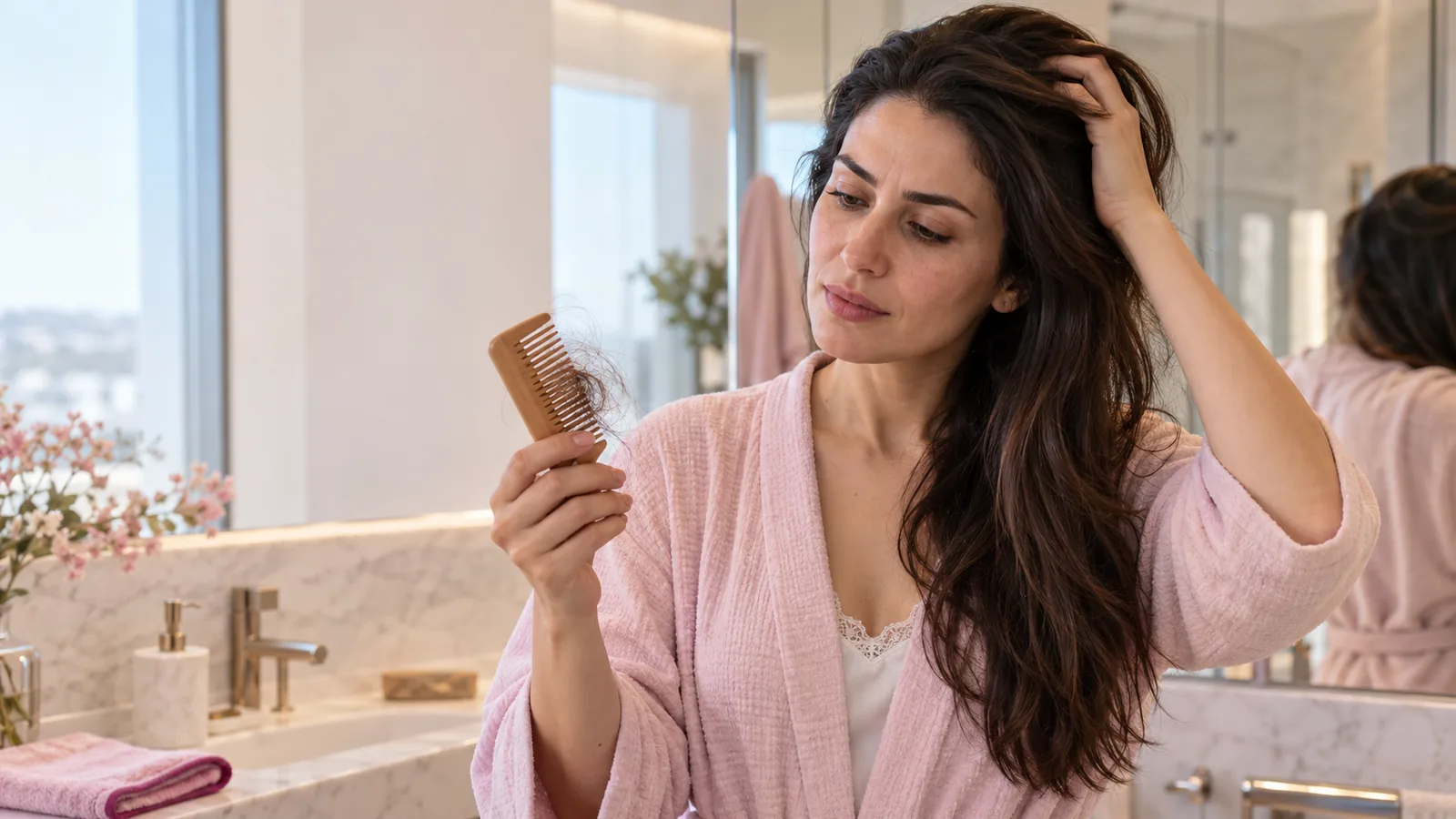 Banyo aynasının önünde saçlarını ve tarağındaki dökülen telleri inceleyen kadın